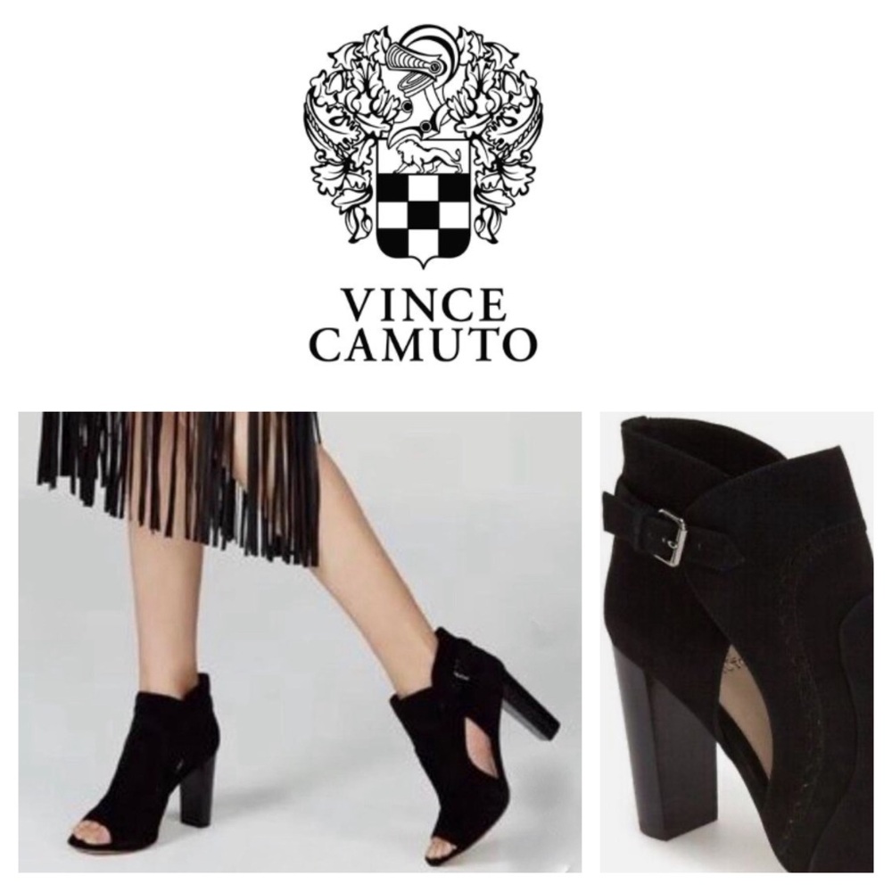 VINCE CAMUTO suede black open toe ankle boots.